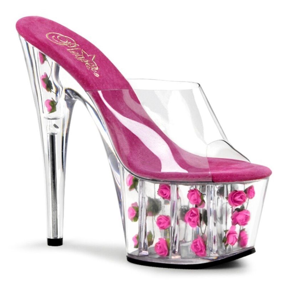 New Pleaser Fuchsia and Clear Floral Platform Heels with roses 8